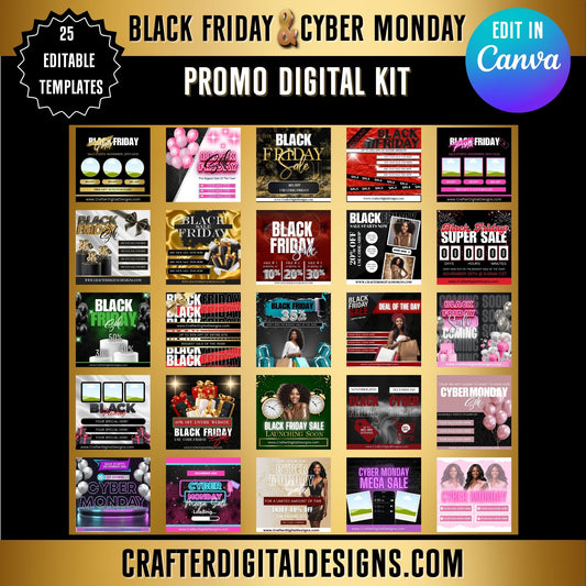 18 Canva Black Friday Templates, Canva 6 Cyber Monday Templates, 1 Black Friday & Cyber Monday Template, and a 5-Day Black Friday Email Sequence.