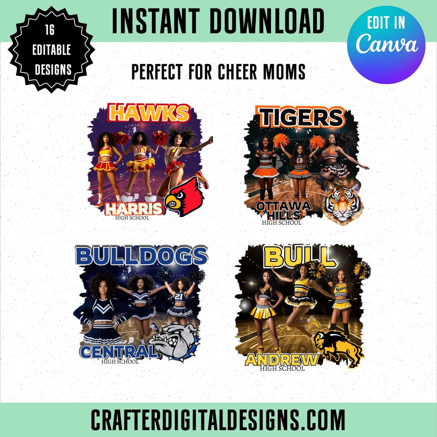 16 EDITABLE CHEER MOM DESIGNS. CAN BE EDITED WITH CANVA.