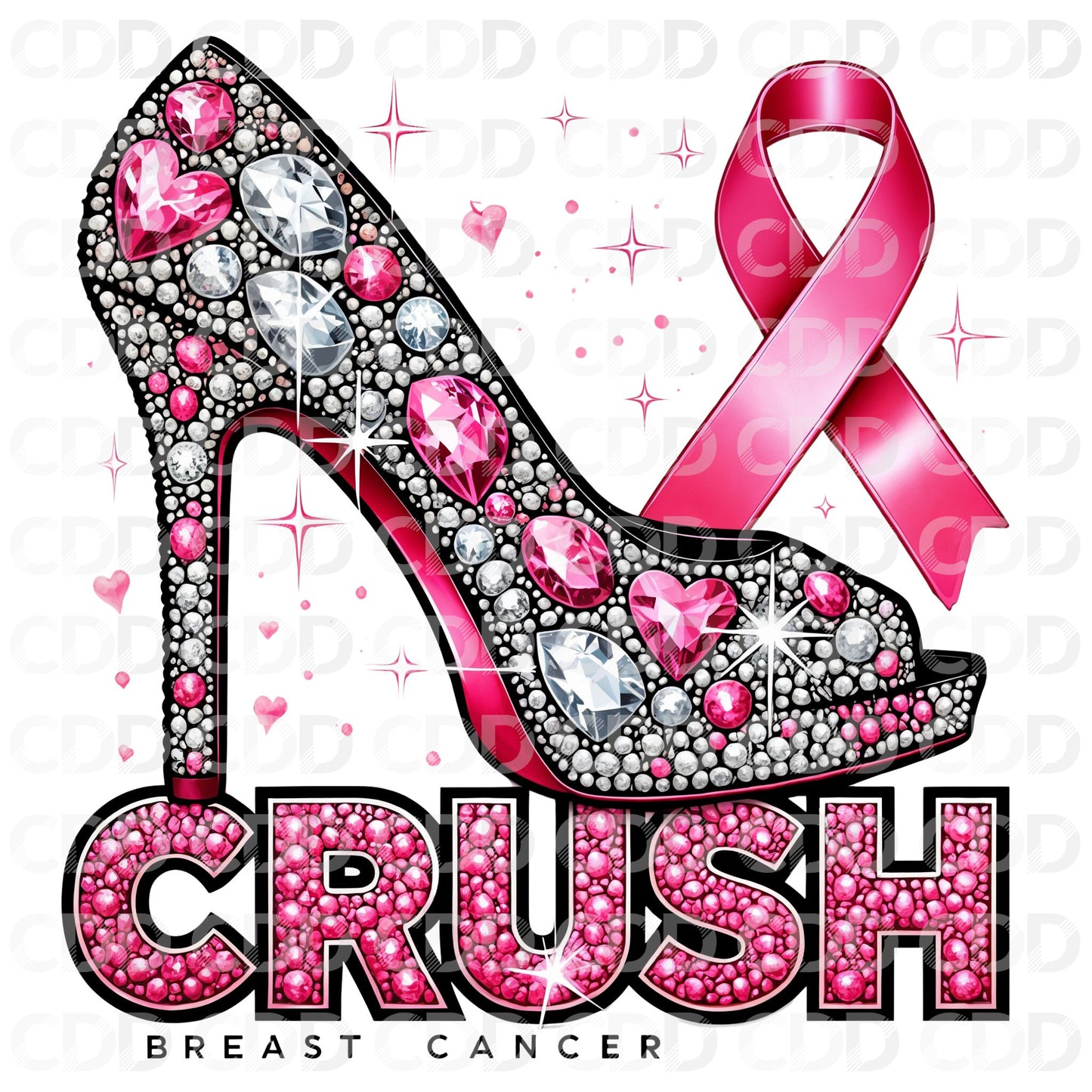 CRUSH BREAST CANCER PNG DESIGN.  OPEN-TOE HIGH HEEL DESIGN FOR T-SHIRTS, MUGS, TOTES, TUMBLERS, AND MORE.