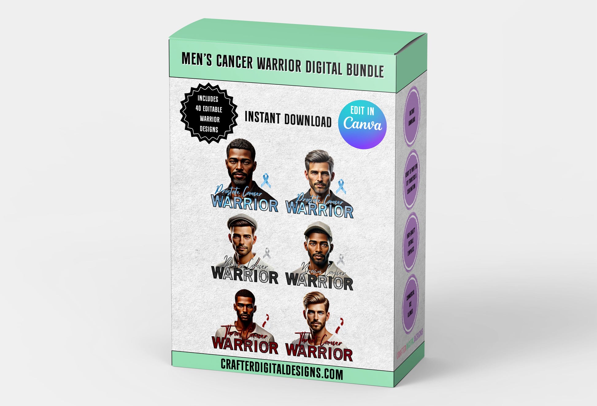 MEN'S CANCER WARRIOR DIGITAL BUNDLE - 40 EDITABLE WARRIOR DESIGNS. INCLUDES 34 UNIQUE BLACK AND WHITE MEN.