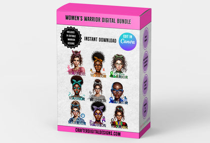 74 WOMEN WARRIOR AWARENESS BUNDLE EDITABLE TEMPLATES AND DESIGNS FOR T-SHIRTS, MUGS, TOTES, TUMBLERS, AND MORE. INCLUDES 41 UNIQUE BLACK AND WHITE WOMEN.