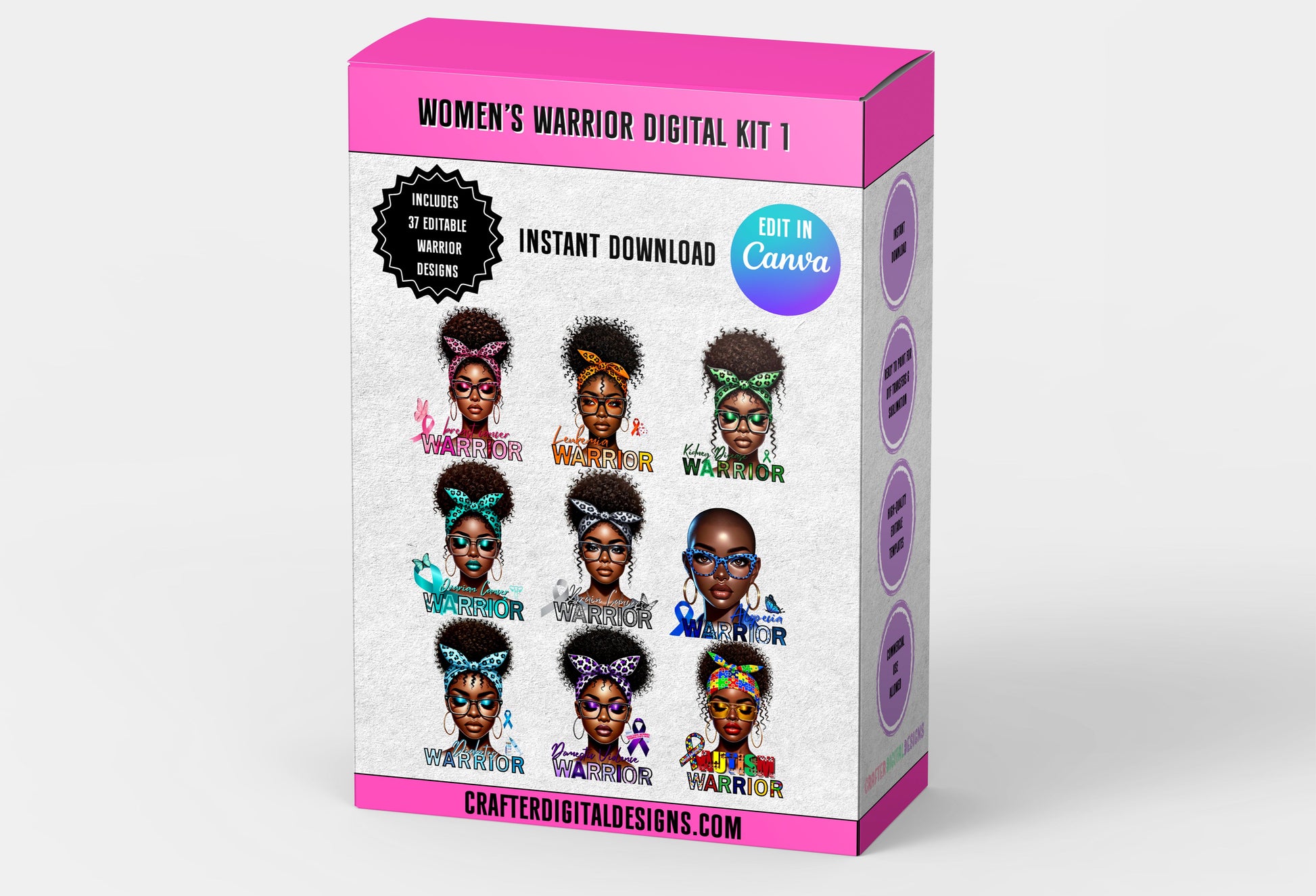 37 WOMEN WARRIOR AWARENESS EDITABLE TEMPLATES AND DESIGNS FOR T-SHIRTS, MUGS, TOTES, TUMBLERS, AND MORE. INCLUDES 19 UNIQUE BLACK WOMEN.