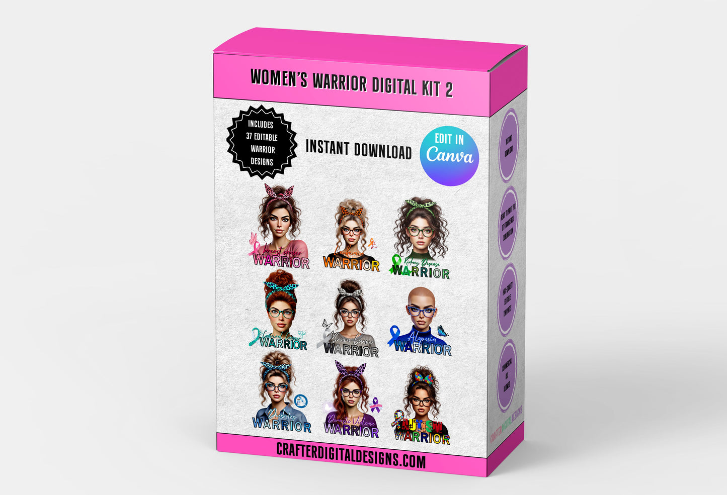 37 WOMEN WARRIOR AWARENESS EDITABLE TEMPLATES AND DESIGNS FOR T-SHIRTS, MUGS, TOTES, TUMBLERS, AND MORE. INCLUDES 22 UNIQUE WHITE WOMEN.